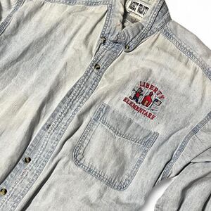 Vintage 90s Most Wanty Liberta Elementary Denim Button Up Shirt with Paint Splat